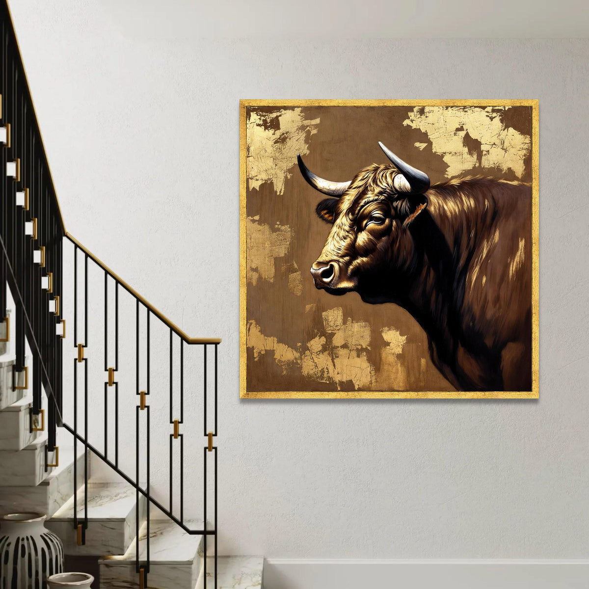 Majestic Bull Portrait Canvas, Rustic Animal Wall Art, Farmhouse Decor, Brown and Gold Canvas, Country Style Canvas Ready To Hang Decoration