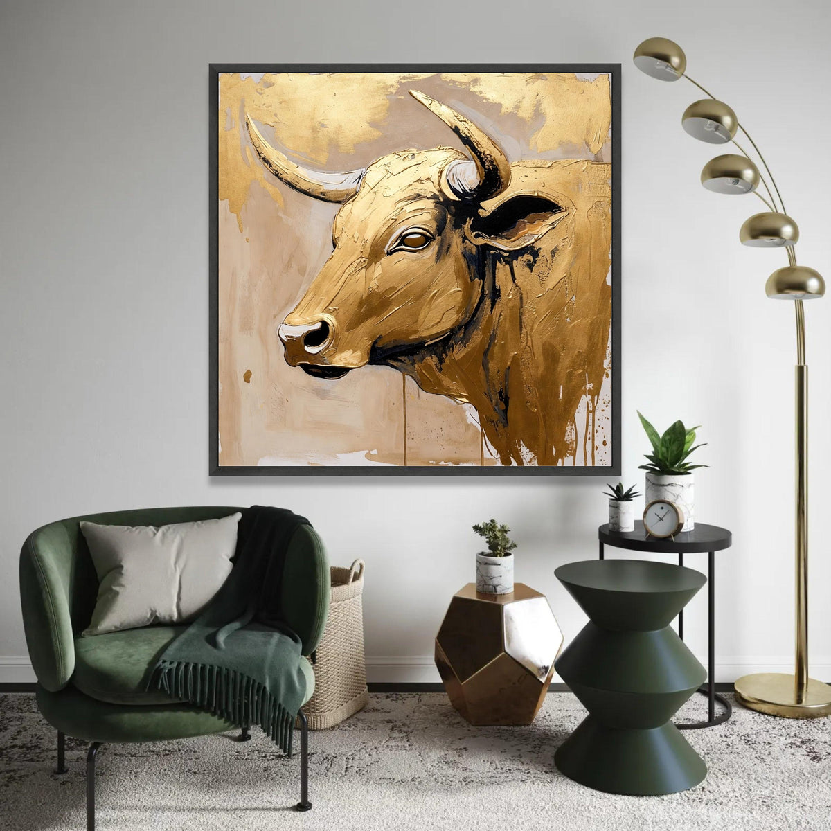 Golden Bull Head Canvas Wall Art, Abstract Animal Portrait, Metallic Gold Painting, Rustic Farmhouse Decoration, Ready To Hang Decoration