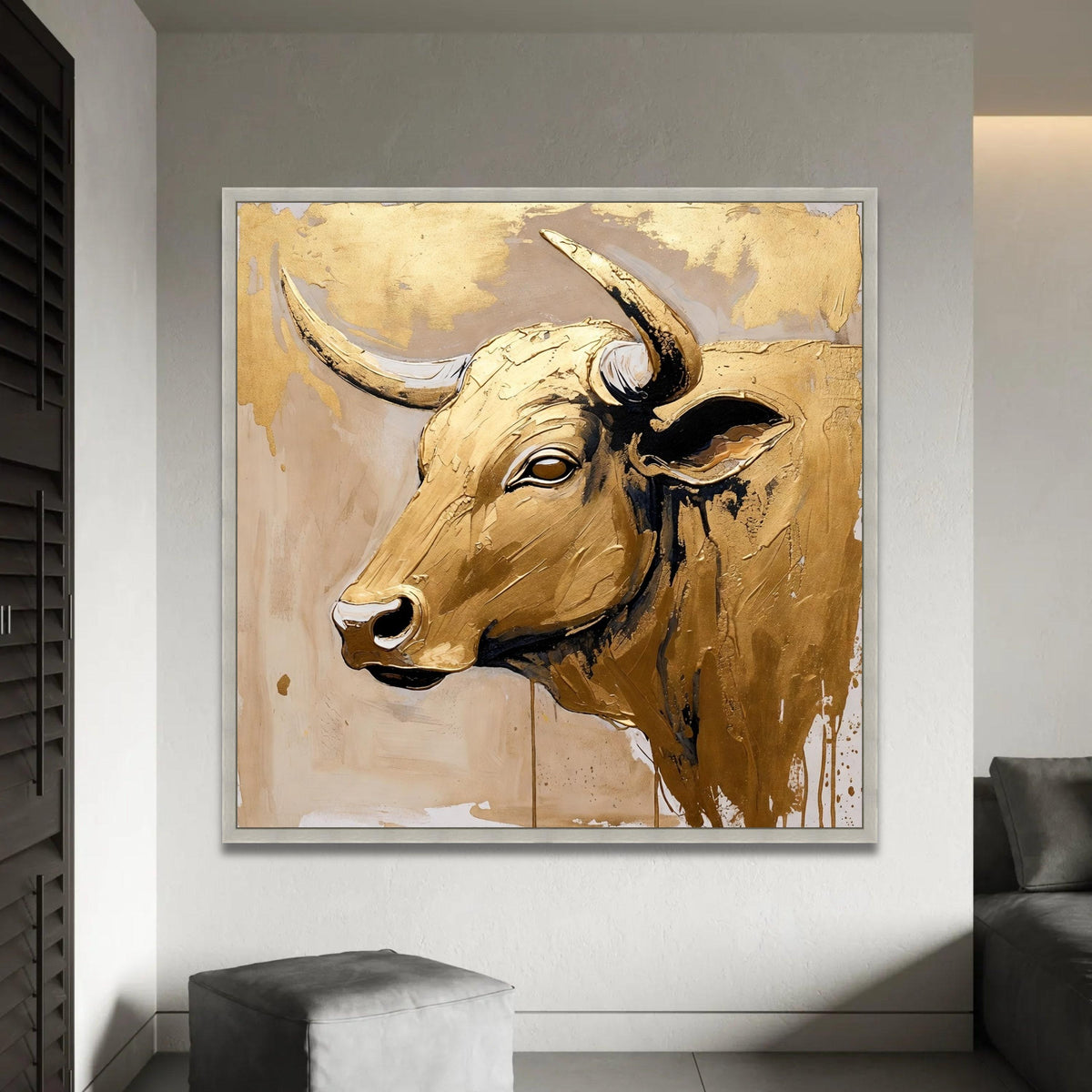 Golden Bull Head Canvas Wall Art, Abstract Animal Portrait, Metallic Gold Painting, Rustic Farmhouse Decoration, Ready To Hang Decoration