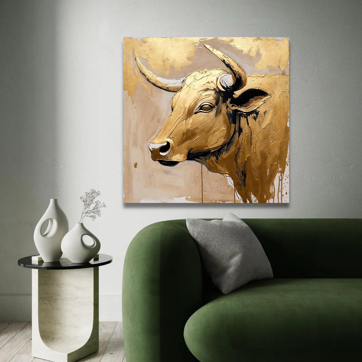 Golden Bull Head Canvas Wall Art, Abstract Animal Portrait, Metallic Gold Painting, Rustic Farmhouse Decoration, Ready To Hang Decoration