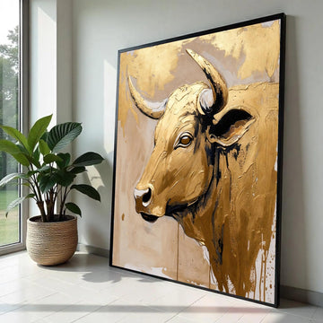 Golden Bull Head Canvas Wall Art, Abstract Animal Portrait, Metallic Gold Painting, Rustic Farmhouse Decoration, Ready To Hang Decoration
