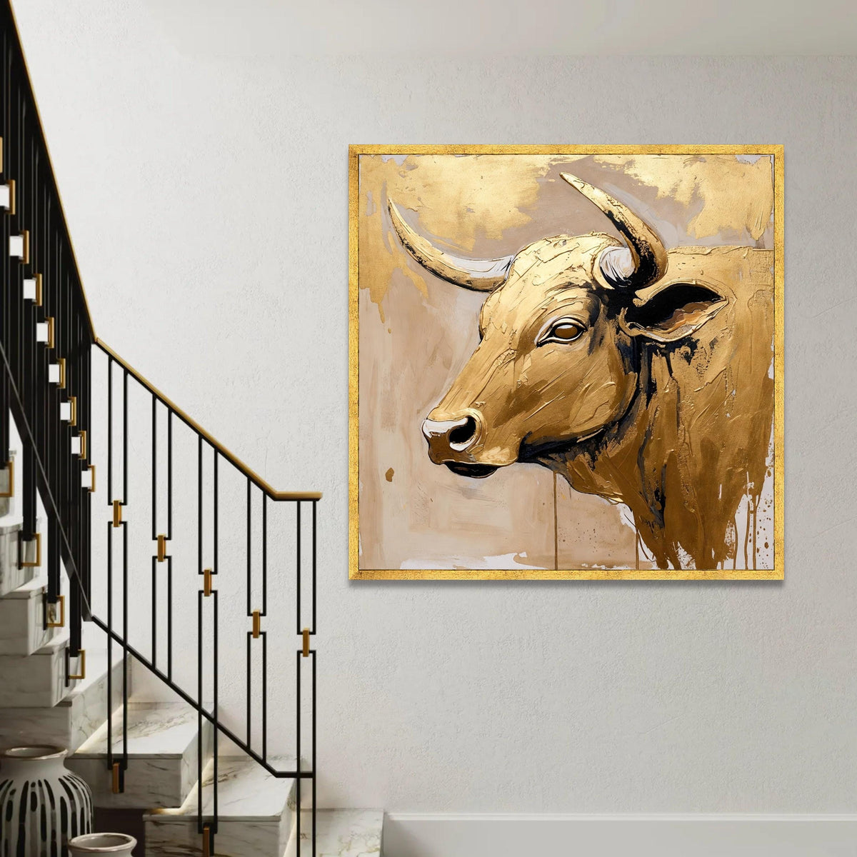 Golden Bull Head Canvas Wall Art, Abstract Animal Portrait, Metallic Gold Painting, Rustic Farmhouse Decoration, Ready To Hang Decoration