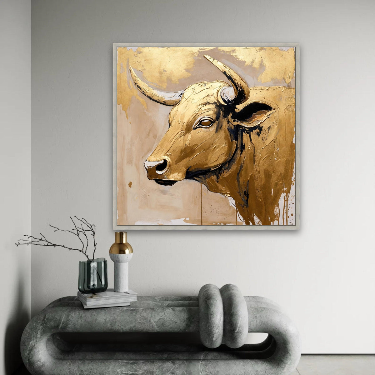Golden Bull Head Canvas Wall Art, Abstract Animal Portrait, Metallic Gold Painting, Rustic Farmhouse Decoration, Ready To Hang Decoration