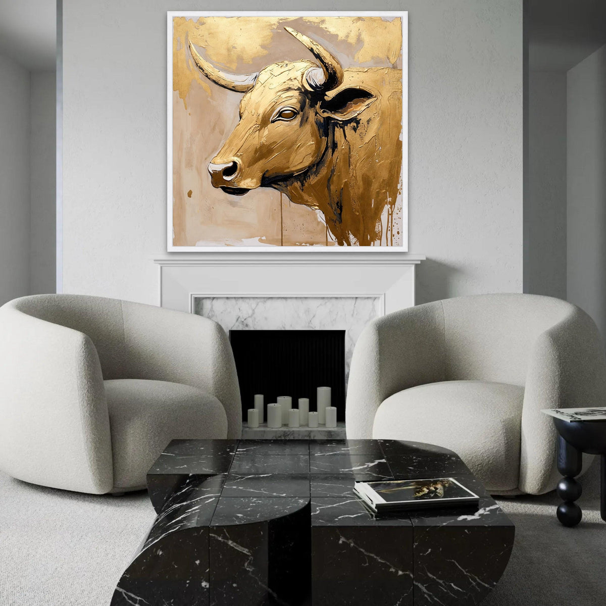 Golden Bull Head Canvas Wall Art, Abstract Animal Portrait, Metallic Gold Painting, Rustic Farmhouse Decoration, Ready To Hang Decoration