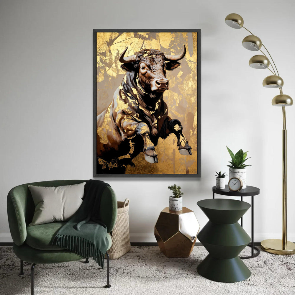 Majestic Bull Canvas Wall Art, Gold Leaf Accent Animal Decor, Rustic Farmhouse Canvas, Powerful Wildlife Painting, Ready To Hang Decoration