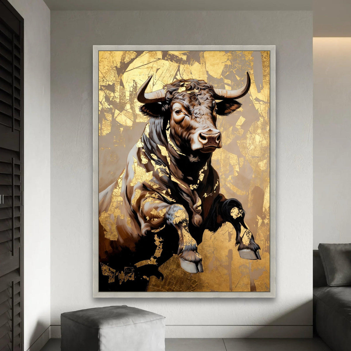 Majestic Bull Canvas Wall Art, Gold Leaf Accent Animal Decor, Rustic Farmhouse Canvas, Powerful Wildlife Painting, Ready To Hang Decoration