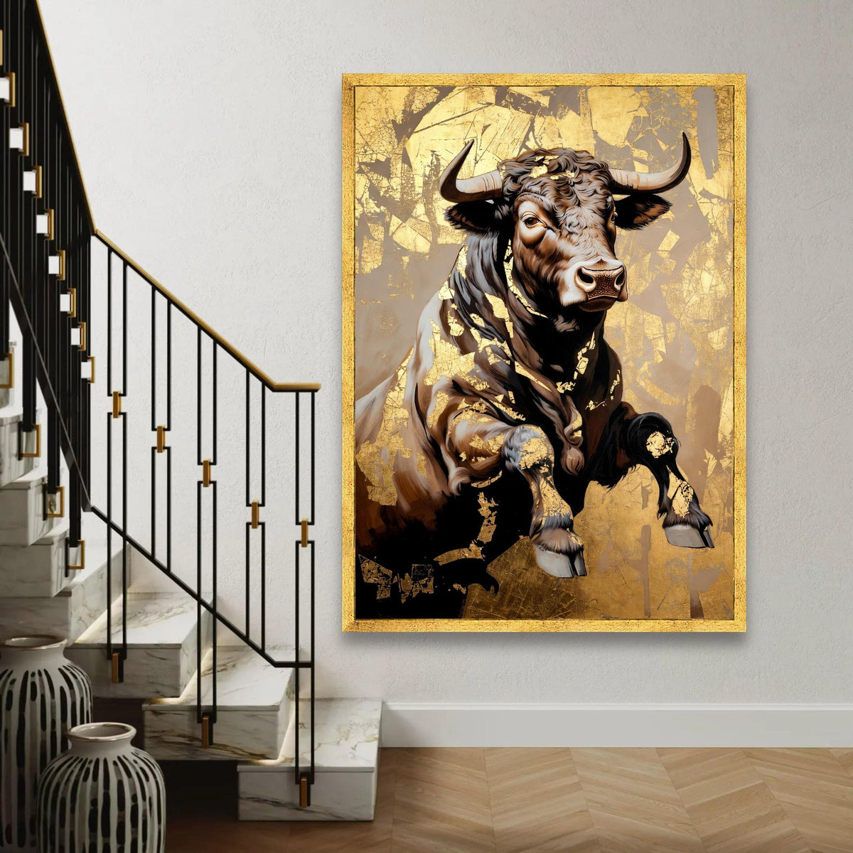 Majestic Bull Canvas Wall Art, Gold Leaf Accent Animal Decor, Rustic Farmhouse Canvas, Powerful Wildlife Painting, Ready To Hang Decoration