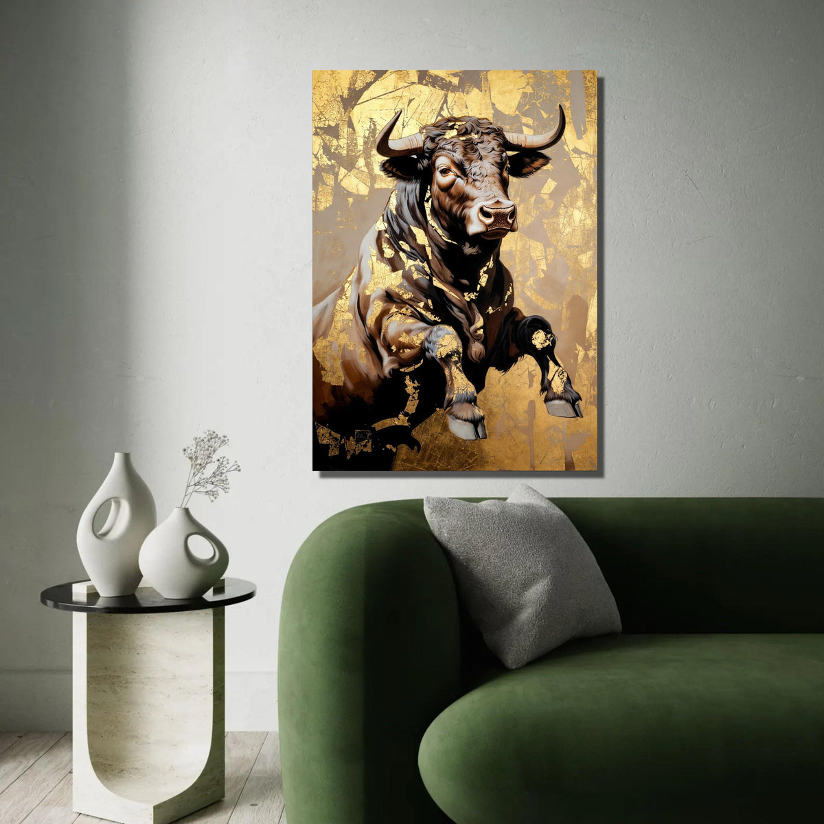 Majestic Bull Canvas Wall Art, Gold Leaf Accent Animal Decor, Rustic Farmhouse Canvas, Powerful Wildlife Painting, Ready To Hang Decoration