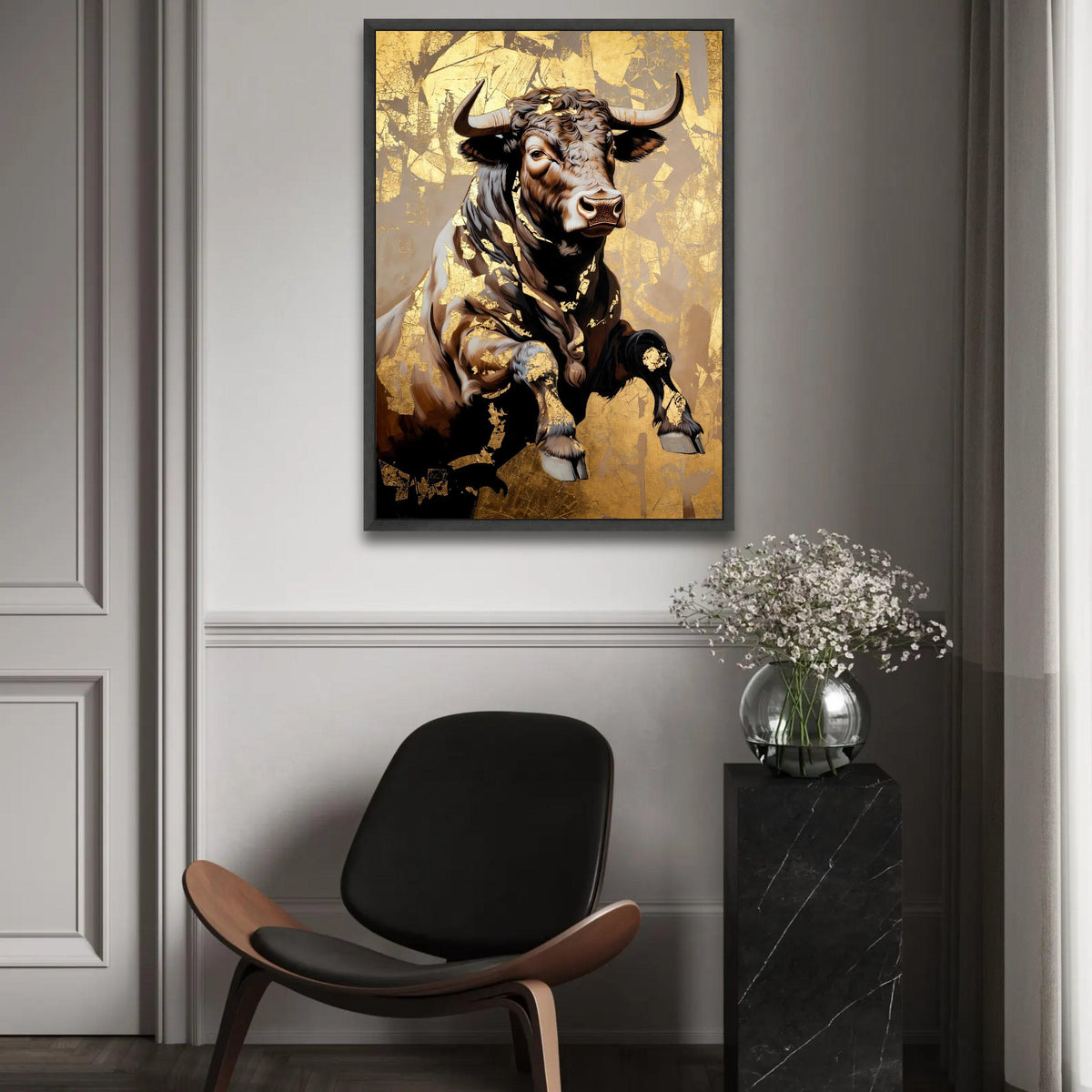 Majestic Bull Canvas Wall Art, Gold Leaf Accent Animal Decor, Rustic Farmhouse Canvas, Powerful Wildlife Painting, Ready To Hang Decoration