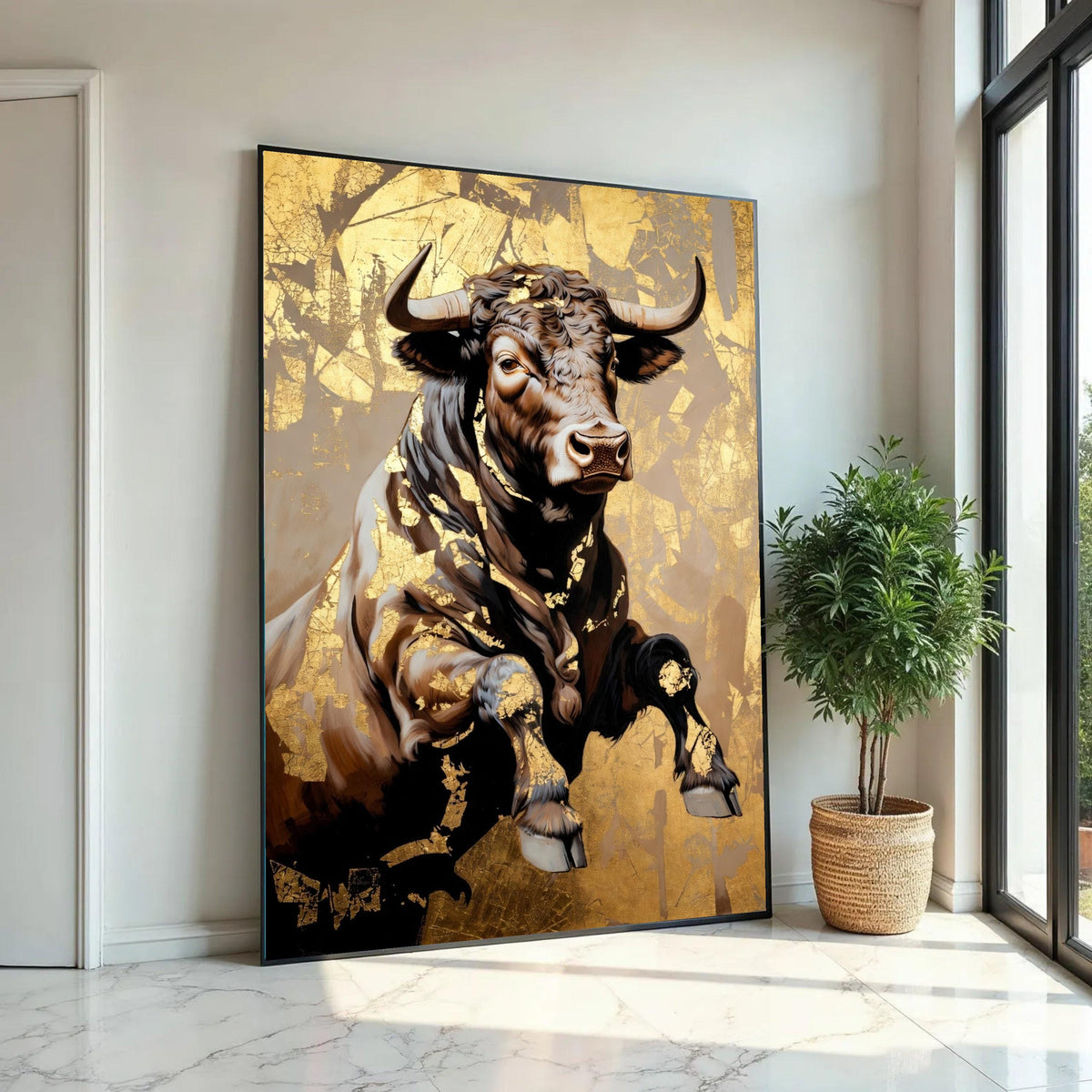 Majestic Bull Canvas Wall Art, Gold Leaf Accent Animal Decor, Rustic Farmhouse Canvas, Powerful Wildlife Painting, Ready To Hang Decoration