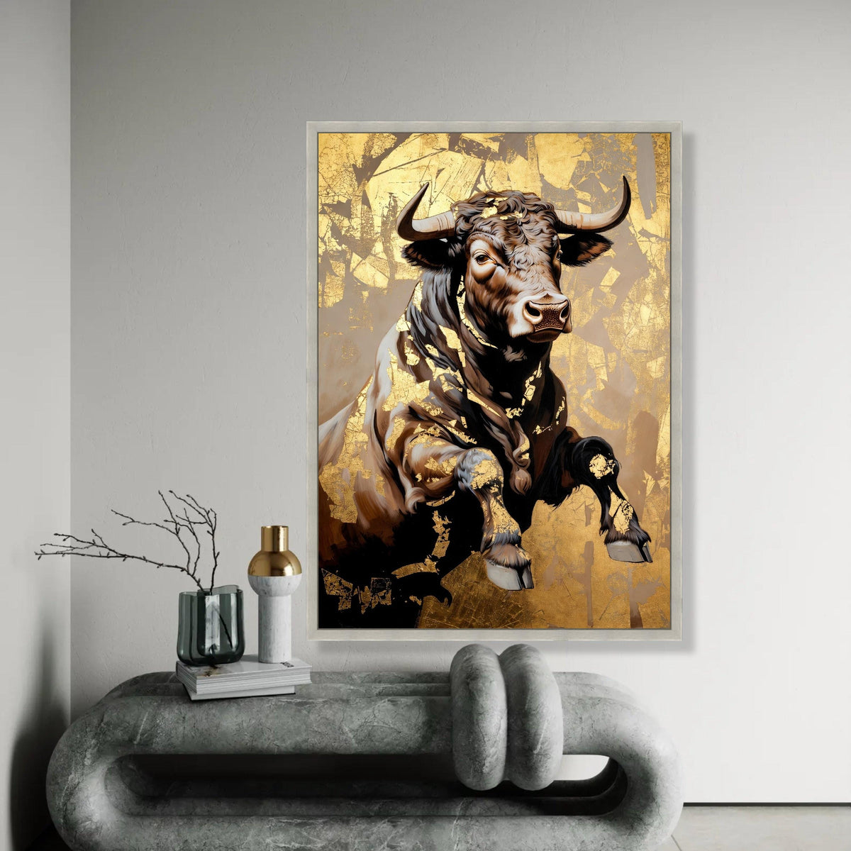 Majestic Bull Canvas Wall Art, Gold Leaf Accent Animal Decor, Rustic Farmhouse Canvas, Powerful Wildlife Painting, Ready To Hang Decoration