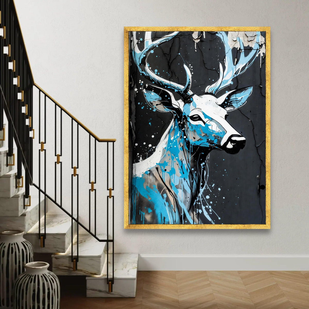 Modern Deer Portrait Canvas Wall Art, Urban Graffiti Style, Blue and Black Abstract Wildlife Painting, Contemporary Ready To Hang Decoration