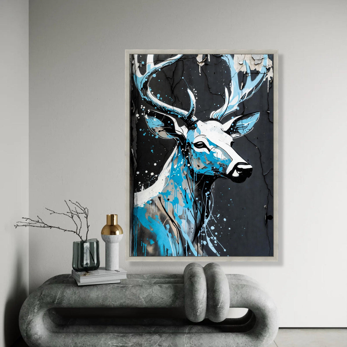 Modern Deer Portrait Canvas Wall Art, Urban Graffiti Style, Blue and Black Abstract Wildlife Painting, Contemporary Ready To Hang Decoration