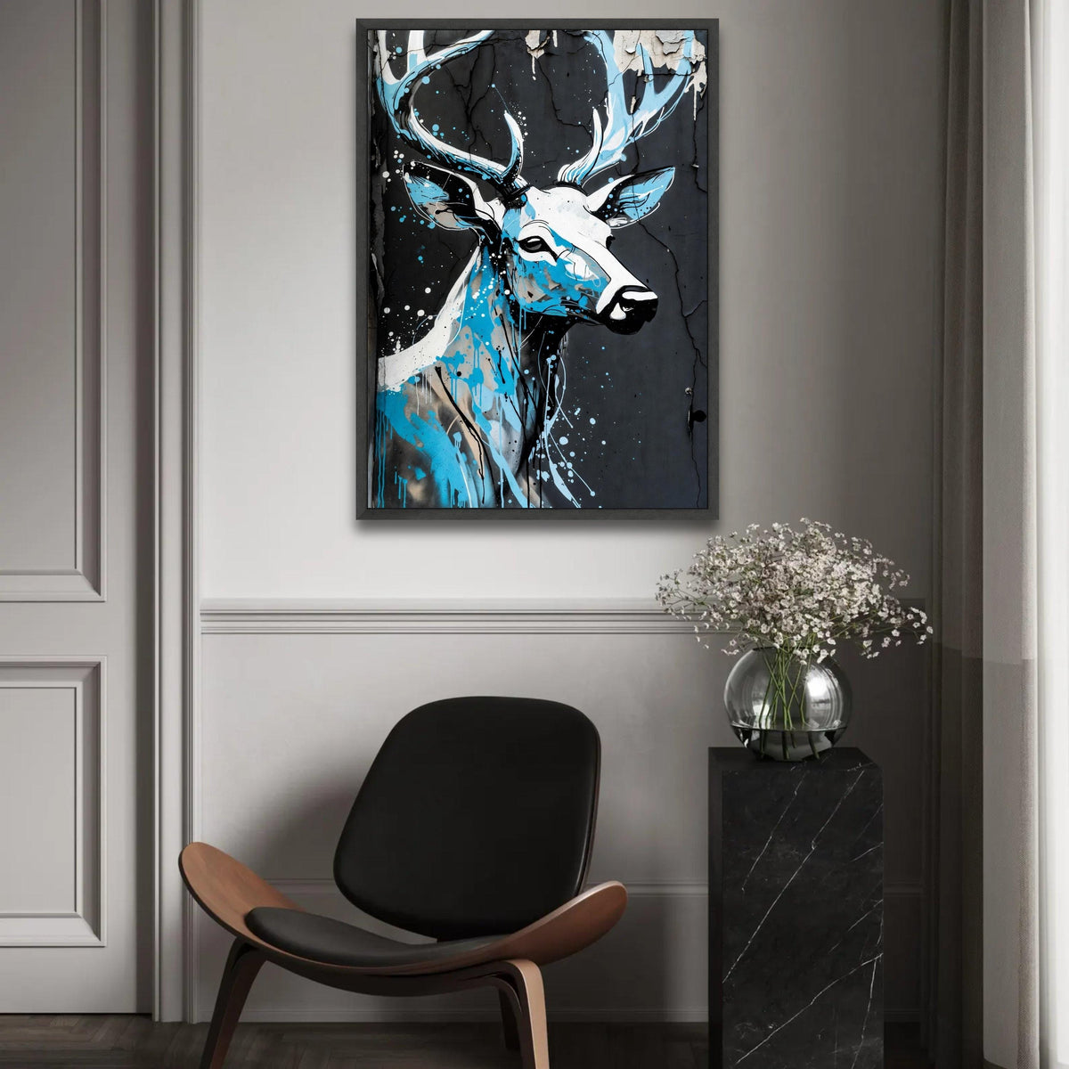 Modern Deer Portrait Canvas Wall Art, Urban Graffiti Style, Blue and Black Abstract Wildlife Painting, Contemporary Ready To Hang Decoration