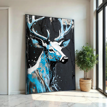 Modern Deer Portrait Canvas Wall Art, Urban Graffiti Style, Blue and Black Abstract Wildlife Painting, Contemporary Ready To Hang Decoration