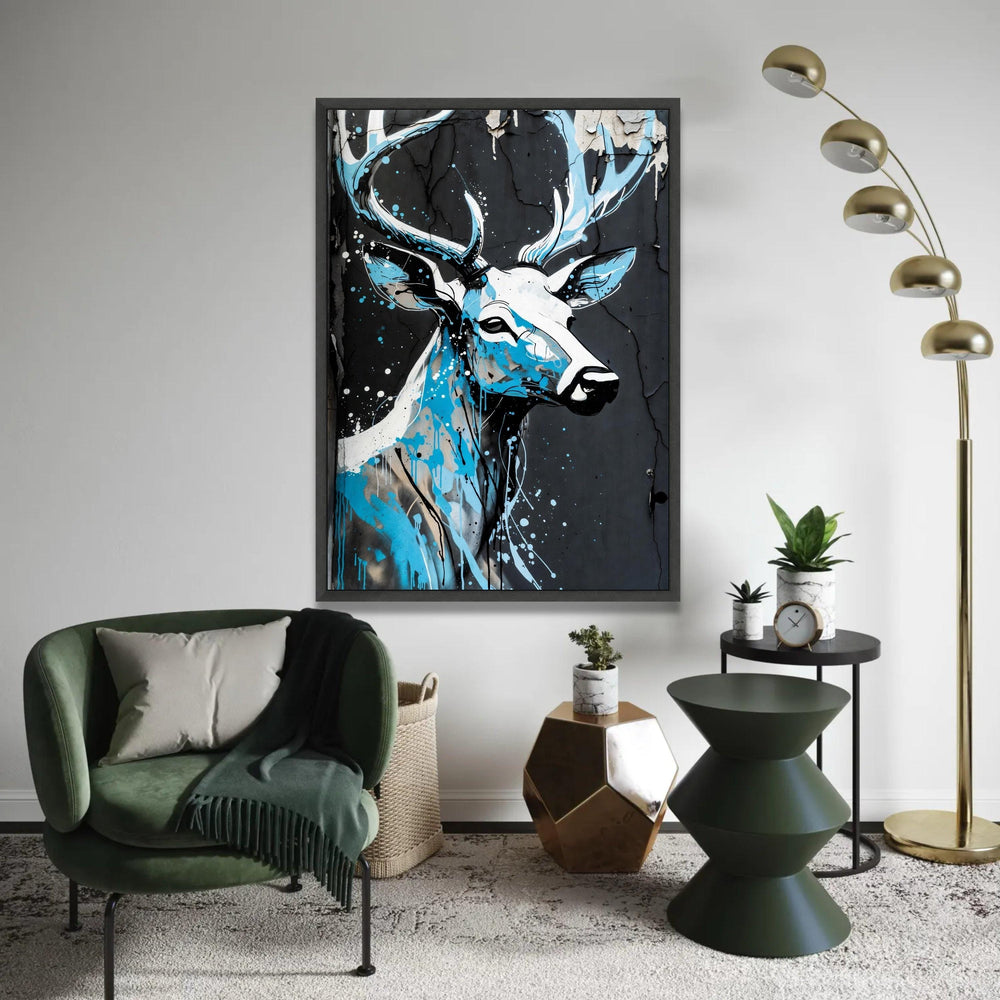 Modern Deer Portrait Canvas Wall Art, Urban Graffiti Style, Blue and Black Abstract Wildlife Painting, Contemporary Ready To Hang Decoration