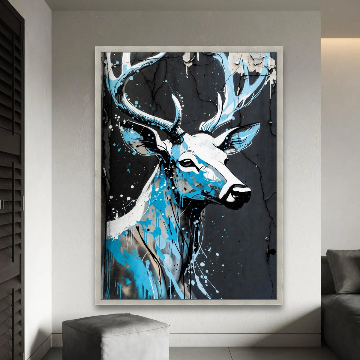 Modern Deer Portrait Canvas Wall Art, Urban Graffiti Style, Blue and Black Abstract Wildlife Painting, Contemporary Ready To Hang Decoration