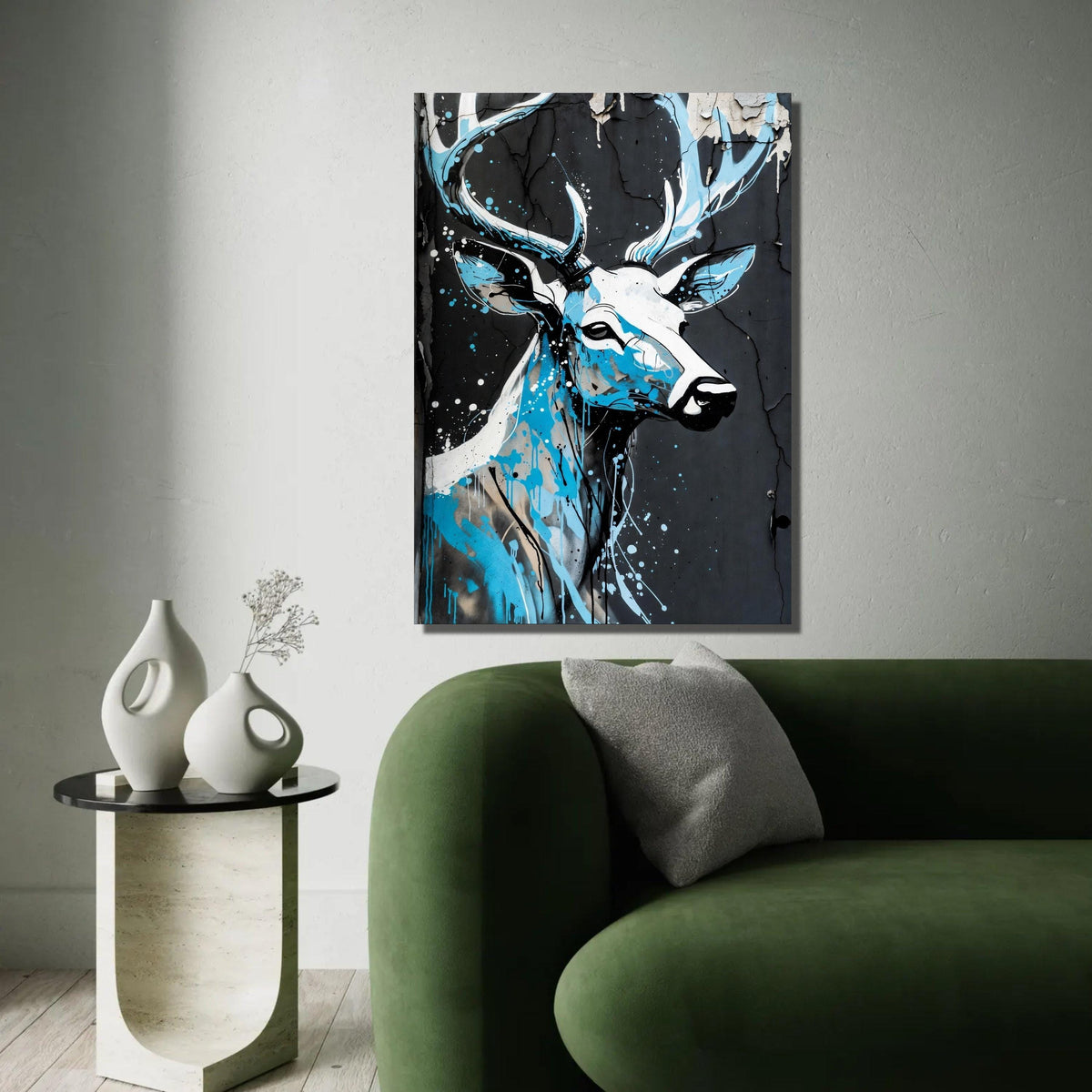 Modern Deer Portrait Canvas Wall Art, Urban Graffiti Style, Blue and Black Abstract Wildlife Painting, Contemporary Ready To Hang Decoration
