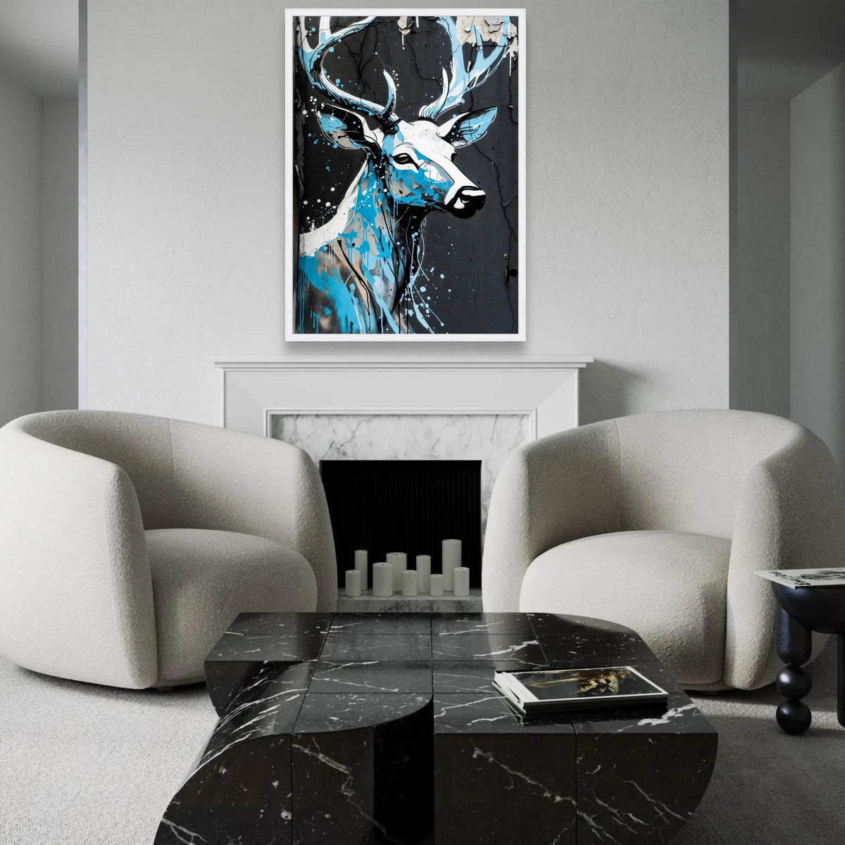 Modern Deer Portrait Canvas Wall Art, Urban Graffiti Style, Blue and Black Abstract Wildlife Painting, Contemporary Ready To Hang Decoration