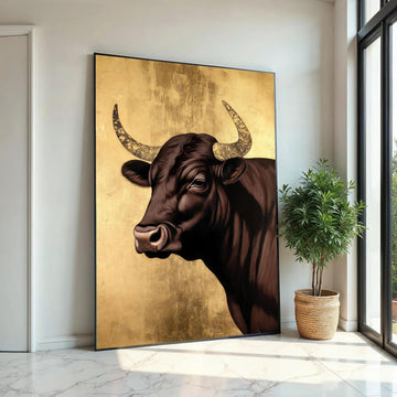 Majestic Bull Canvas Wall Art, Rustic Animal Portrait, Farmhouse Decor, Brown and Gold Canvas, Modern Country Wall Ready To Hang Decoration