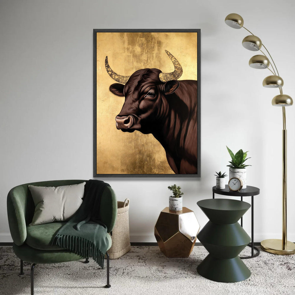 Majestic Bull Canvas Wall Art, Rustic Animal Portrait, Farmhouse Decor, Brown and Gold Canvas, Modern Country Wall Ready To Hang Decoration