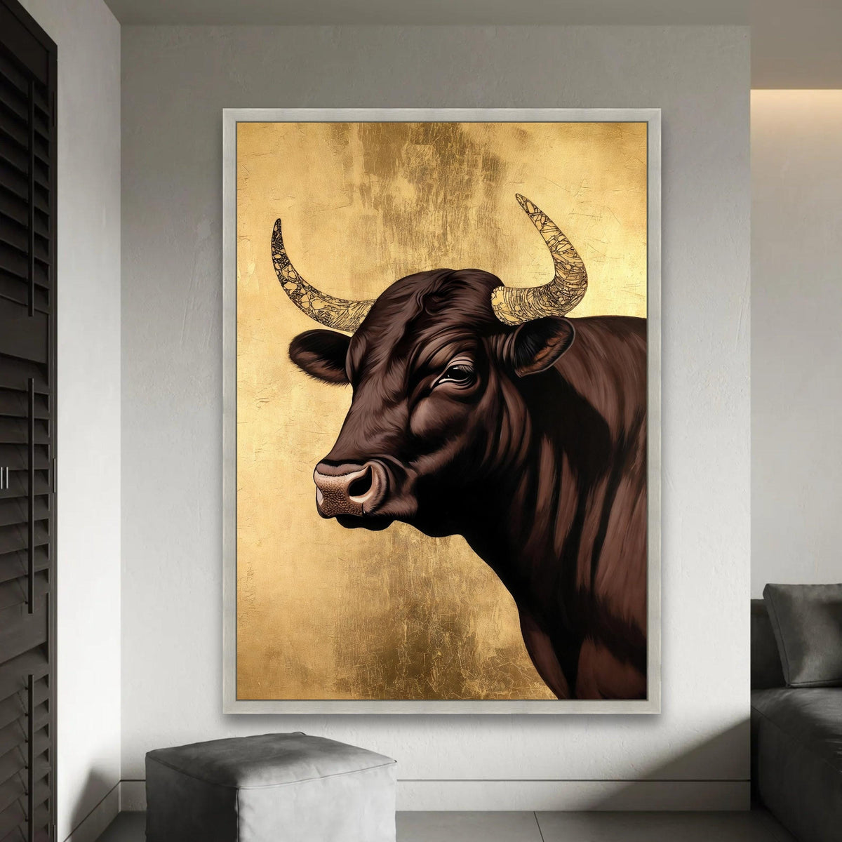 Majestic Bull Canvas Wall Art, Rustic Animal Portrait, Farmhouse Decor, Brown and Gold Canvas, Modern Country Wall Ready To Hang Decoration