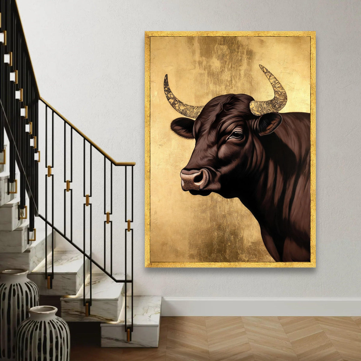 Majestic Bull Canvas Wall Art, Rustic Animal Portrait, Farmhouse Decor, Brown and Gold Canvas, Modern Country Wall Ready To Hang Decoration