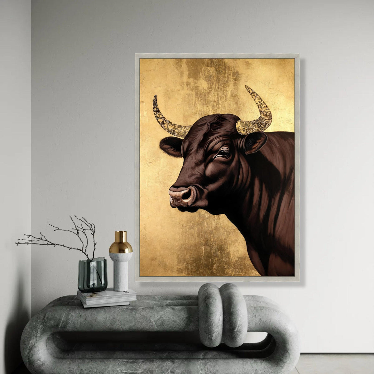 Majestic Bull Canvas Wall Art, Rustic Animal Portrait, Farmhouse Decor, Brown and Gold Canvas, Modern Country Wall Ready To Hang Decoration