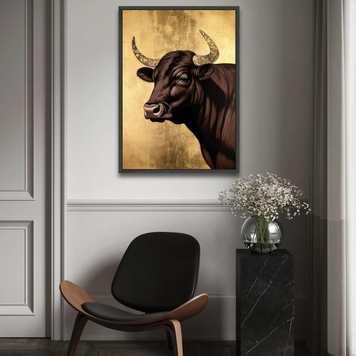 Majestic Bull Canvas Wall Art, Rustic Animal Portrait, Farmhouse Decor, Brown and Gold Canvas, Modern Country Wall Ready To Hang Decoration