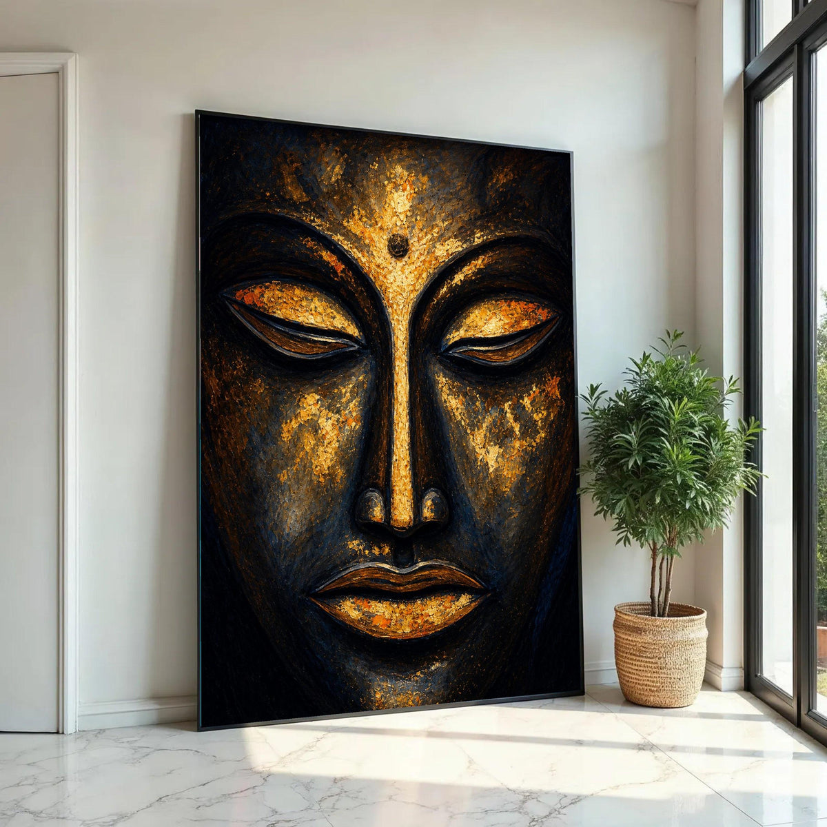 Golden Buddha Face Canvas, Spiritual Wall Art, Meditation Decor, Serene Zen Canvas, Sacred Asian Art, Relaxation Ready To Hang Decoration
