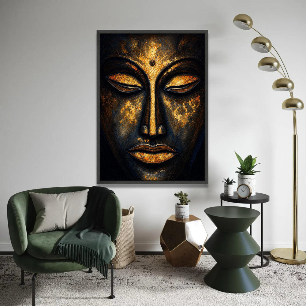 Golden Buddha Face Canvas, Spiritual Wall Art, Meditation Decor, Serene Zen Canvas, Sacred Asian Art, Relaxation Ready To Hang Decoration