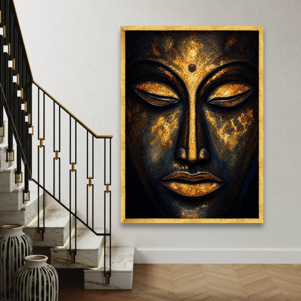 Golden Buddha Face Canvas, Spiritual Wall Art, Meditation Decor, Serene Zen Canvas, Sacred Asian Art, Relaxation Ready To Hang Decoration