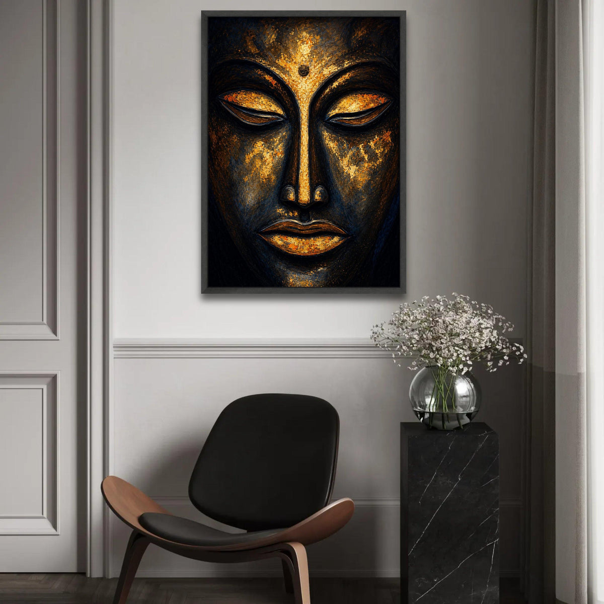 Golden Buddha Face Canvas, Spiritual Wall Art, Meditation Decor, Serene Zen Canvas, Sacred Asian Art, Relaxation Ready To Hang Decoration