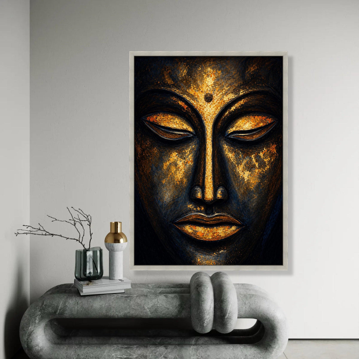 Golden Buddha Face Canvas, Spiritual Wall Art, Meditation Decor, Serene Zen Canvas, Sacred Asian Art, Relaxation Ready To Hang Decoration