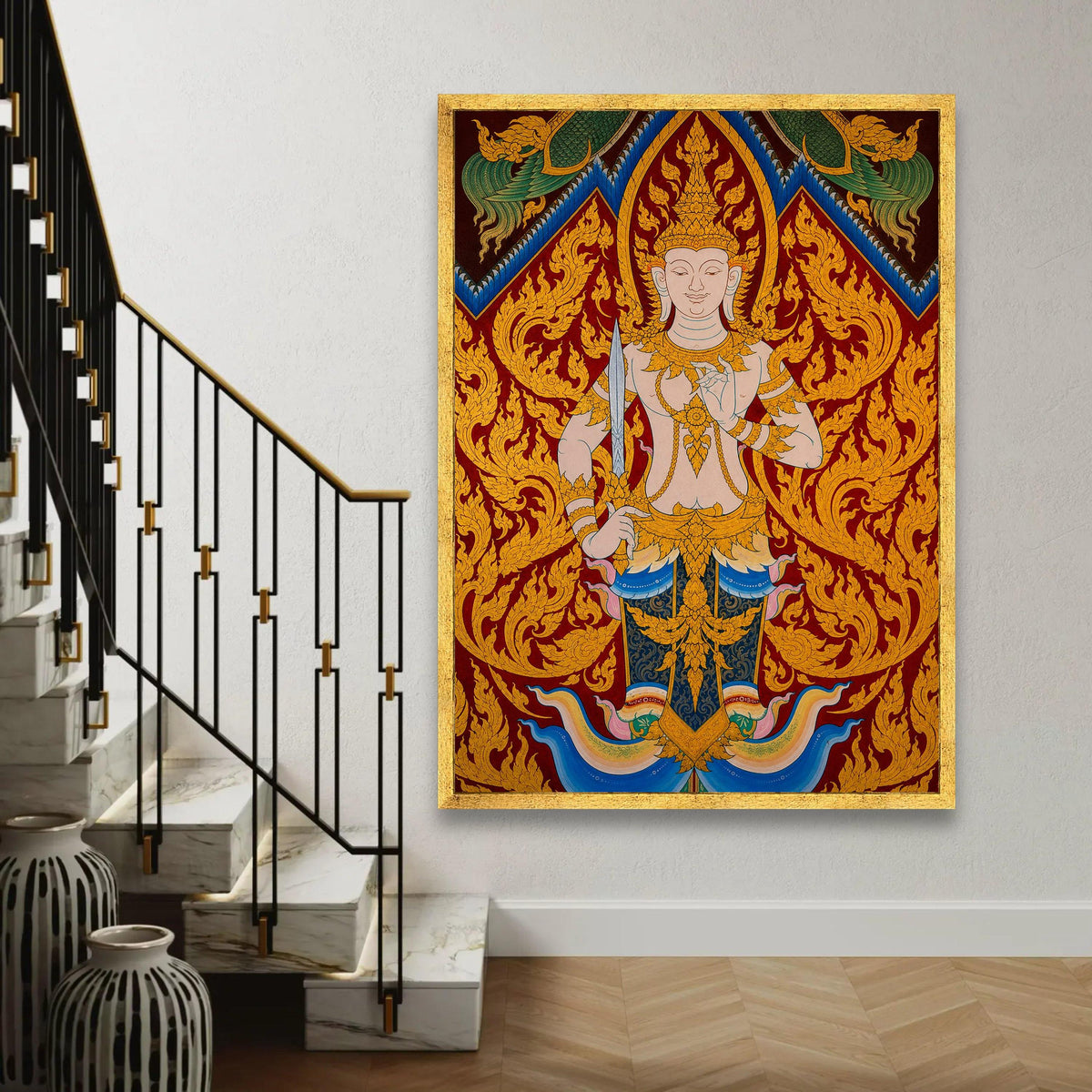 Thai Traditional Deity Canvas Wall Art, Ornate Gold Mythical Figure Painting, Eastern Cultural Art Decoration, Ready To Hang Decoration