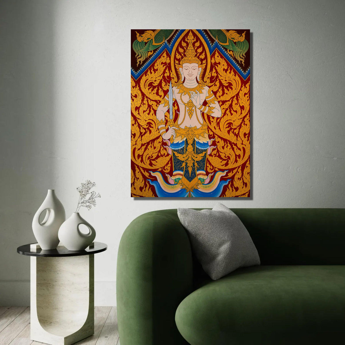 Thai Traditional Deity Canvas Wall Art, Ornate Gold Mythical Figure Painting, Eastern Cultural Art Decoration, Ready To Hang Decoration