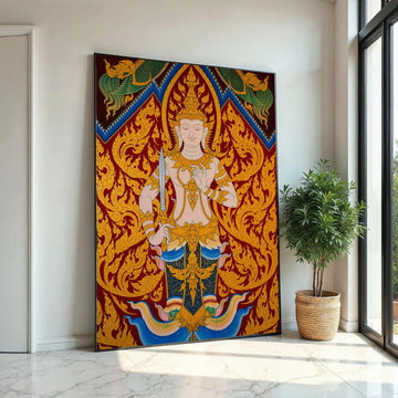 Thai Traditional Deity Canvas Wall Art, Ornate Gold Mythical Figure Painting, Eastern Cultural Art Decoration, Ready To Hang Decoration