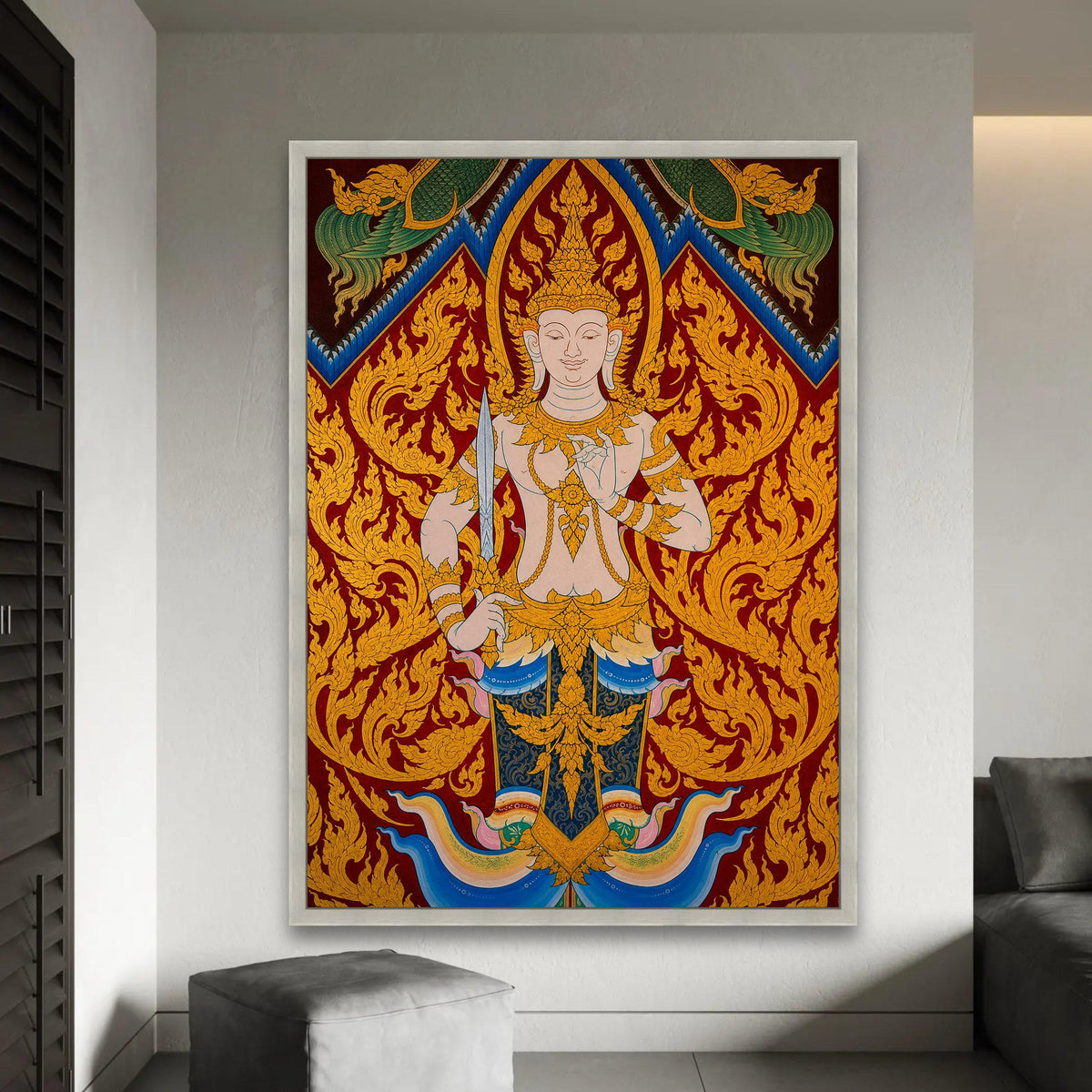 Thai Traditional Deity Canvas Wall Art, Ornate Gold Mythical Figure Painting, Eastern Cultural Art Decoration, Ready To Hang Decoration