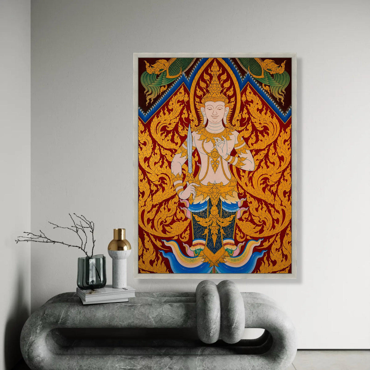 Thai Traditional Deity Canvas Wall Art, Ornate Gold Mythical Figure Painting, Eastern Cultural Art Decoration, Ready To Hang Decoration