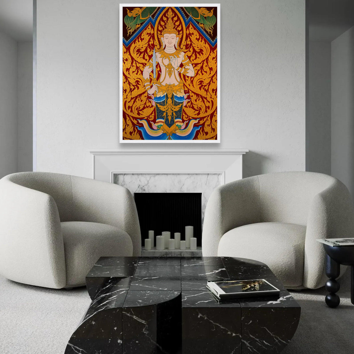 Thai Traditional Deity Canvas Wall Art, Ornate Gold Mythical Figure Painting, Eastern Cultural Art Decoration, Ready To Hang Decoration