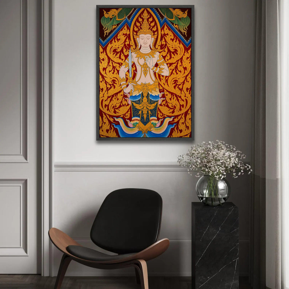 Thai Traditional Deity Canvas Wall Art, Ornate Gold Mythical Figure Painting, Eastern Cultural Art Decoration, Ready To Hang Decoration