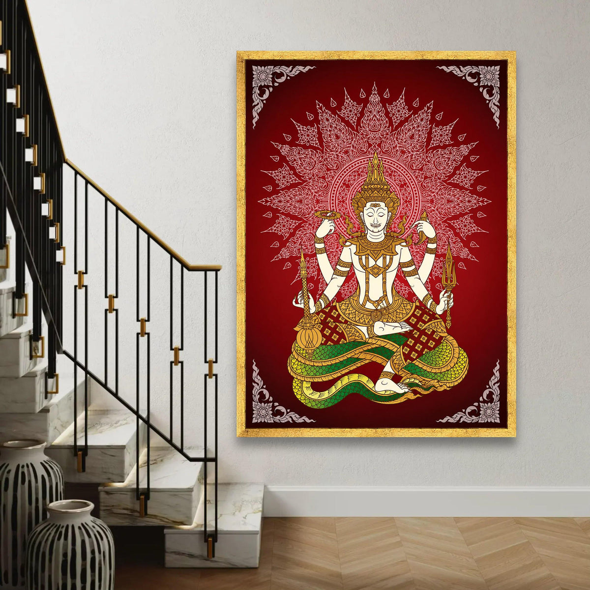 Traditional Thai Deity Illustration Canvas, Spiritual Meditation Art, Asian Mythology Wall Decor, Sacred Figure Ready To Hang Decoration