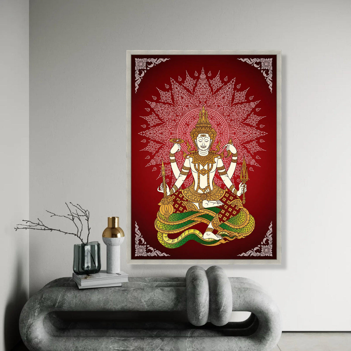 Traditional Thai Deity Illustration Canvas, Spiritual Meditation Art, Asian Mythology Wall Decor, Sacred Figure Ready To Hang Decoration