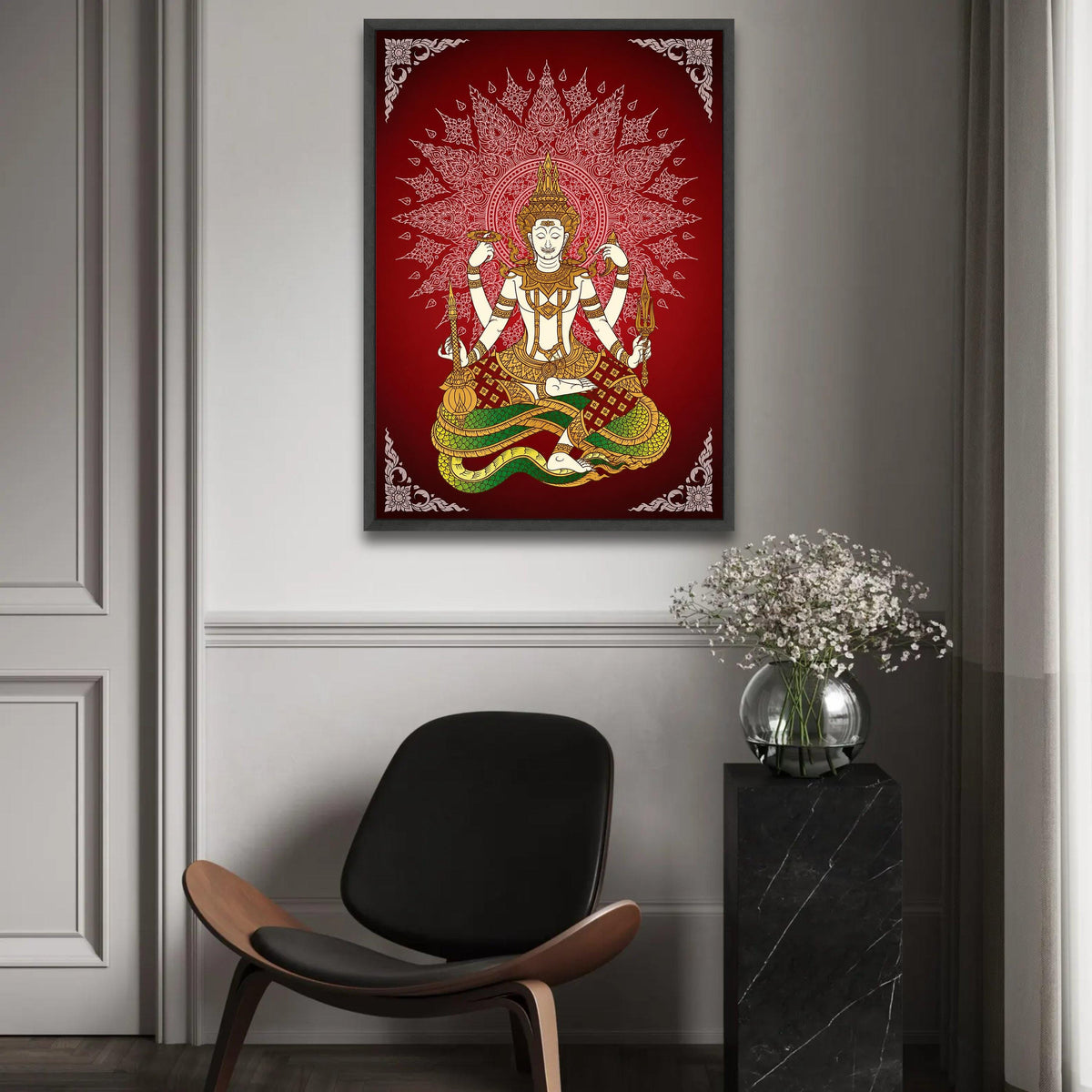 Traditional Thai Deity Illustration Canvas, Spiritual Meditation Art, Asian Mythology Wall Decor, Sacred Figure Ready To Hang Decoration