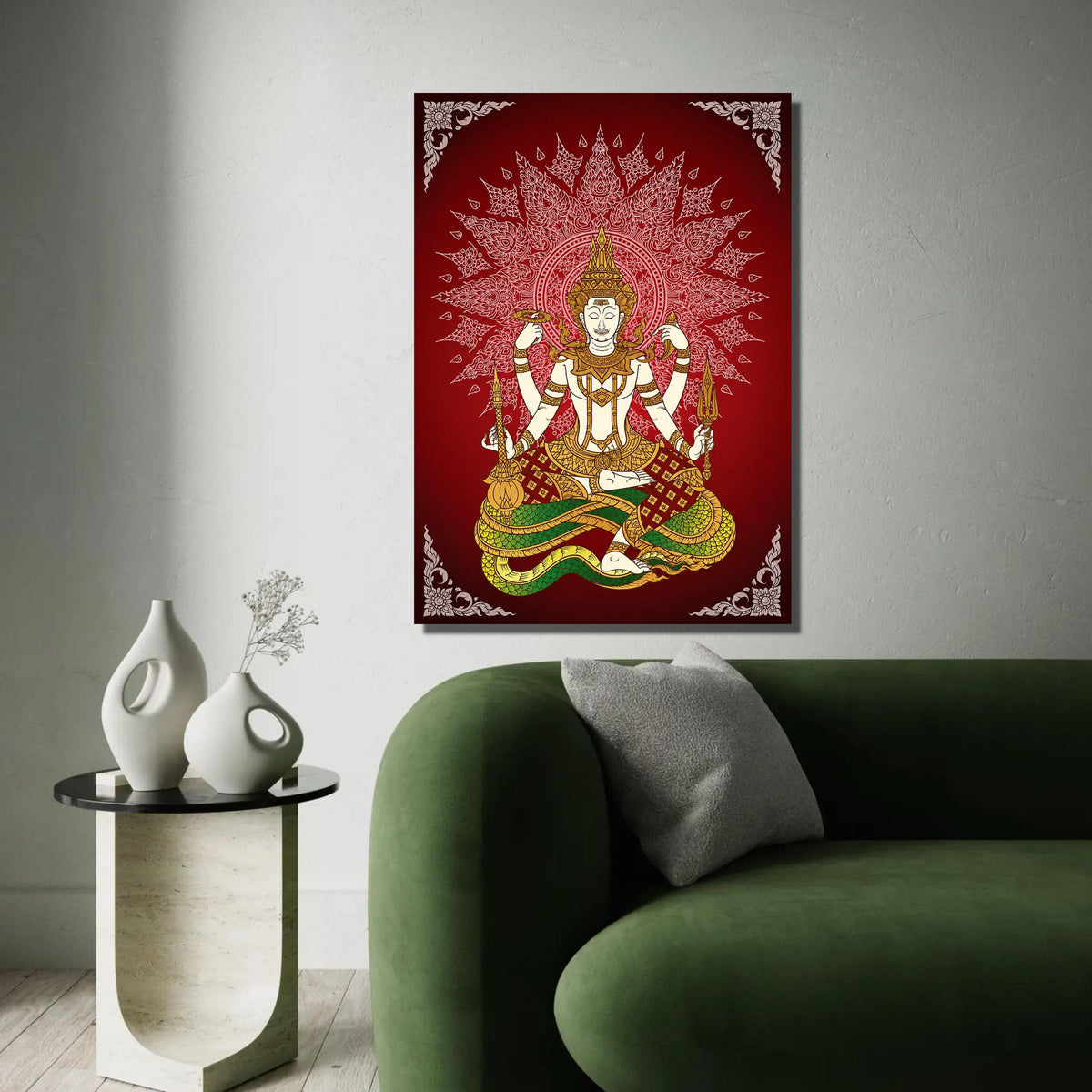 Traditional Thai Deity Illustration Canvas, Spiritual Meditation Art, Asian Mythology Wall Decor, Sacred Figure Ready To Hang Decoration