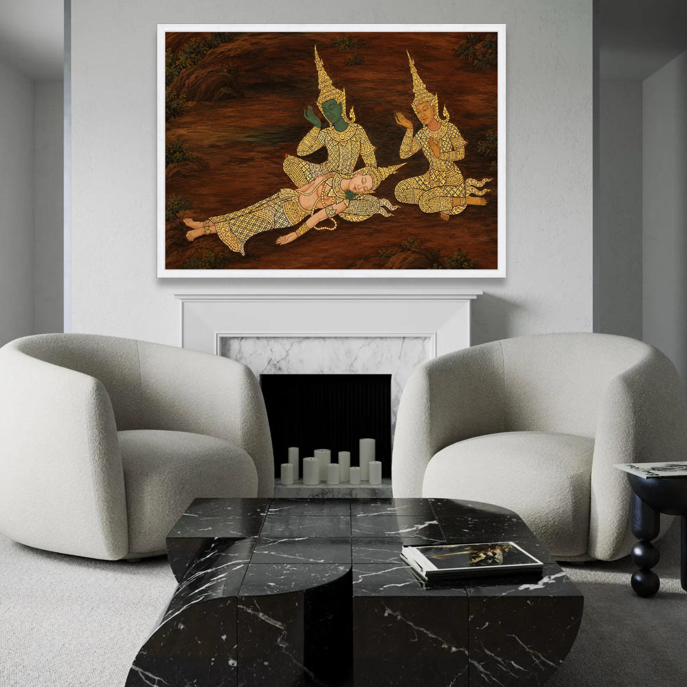 Traditional Thai Mythical Figures Canvas Wall Art, Asian Cultural Painting, Gold Accent Decor, Southeast Asian Ready To Hang Decoration