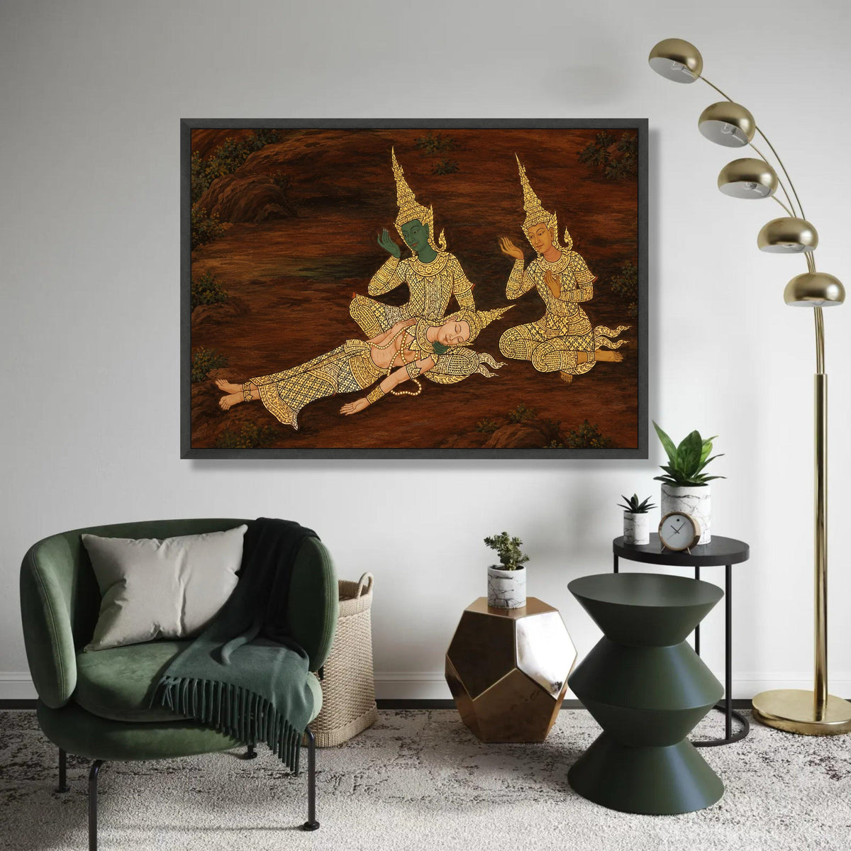 Traditional Thai Mythical Figures Canvas Wall Art, Asian Cultural Painting, Gold Accent Decor, Southeast Asian Ready To Hang Decoration