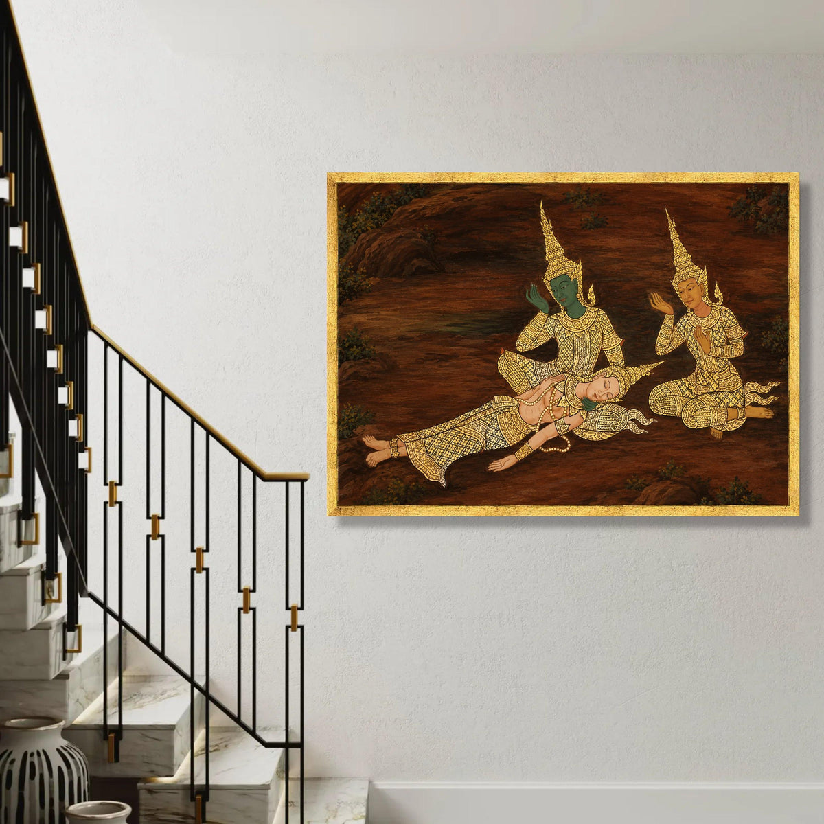 Traditional Thai Mythical Figures Canvas Wall Art, Asian Cultural Painting, Gold Accent Decor, Southeast Asian Ready To Hang Decoration