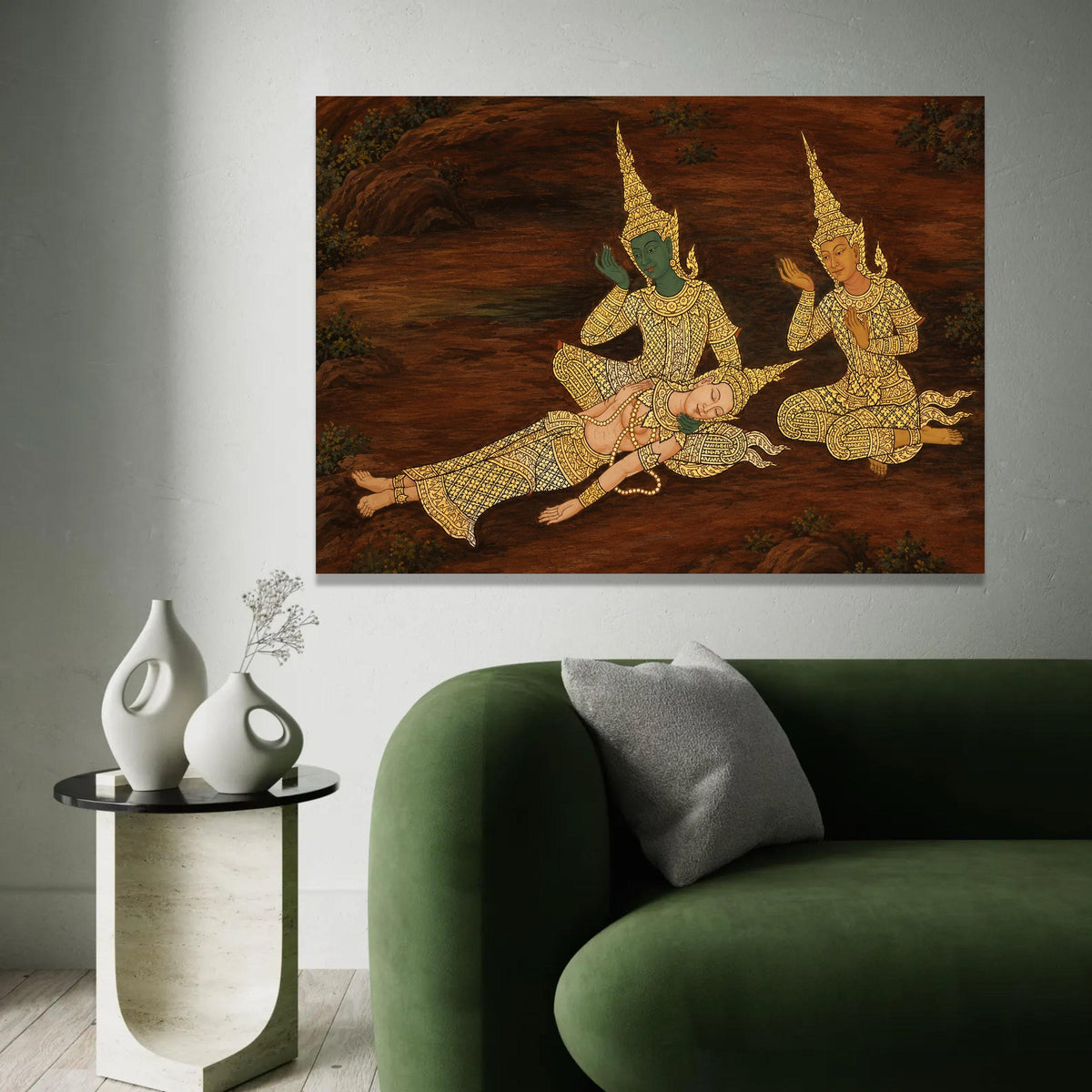 Traditional Thai Mythical Figures Canvas Wall Art, Asian Cultural Painting, Gold Accent Decor, Southeast Asian Ready To Hang Decoration