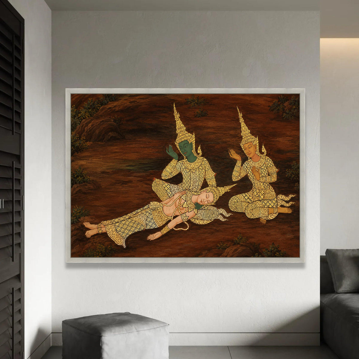 Traditional Thai Mythical Figures Canvas Wall Art, Asian Cultural Painting, Gold Accent Decor, Southeast Asian Ready To Hang Decoration